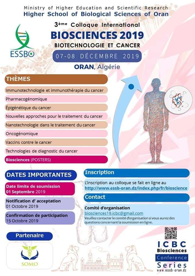 3ème colloque international : Biosciences 2019, Biotechnologie et Cancer- Les 07,08 Décembre 2019, Oran