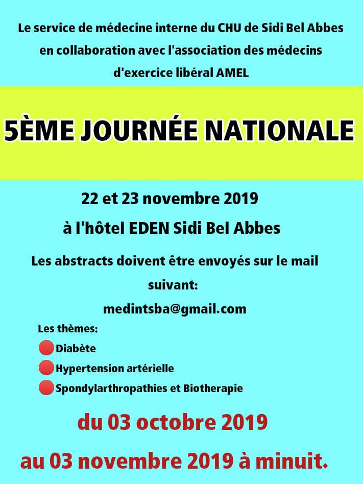 Les 5 èmes journées nationales de médecine interne- 22 et 23 novembre 2019- Sidi Bel Abbes