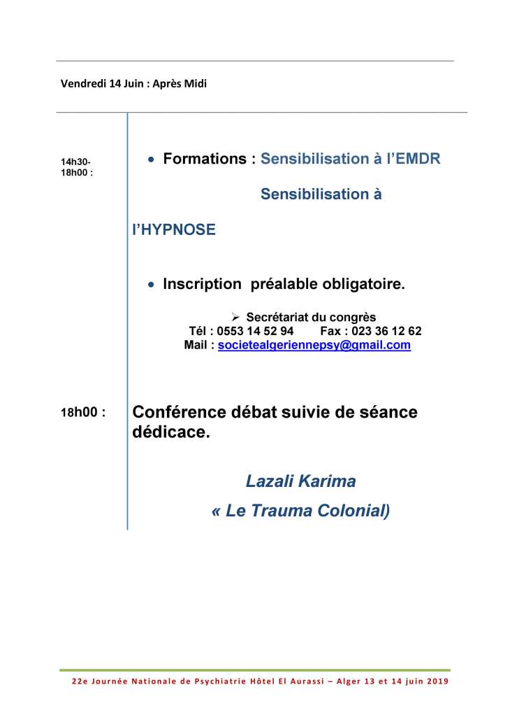 22ème congrès national de psychiatrie - 13 et 14 Juin 2019 à Alger