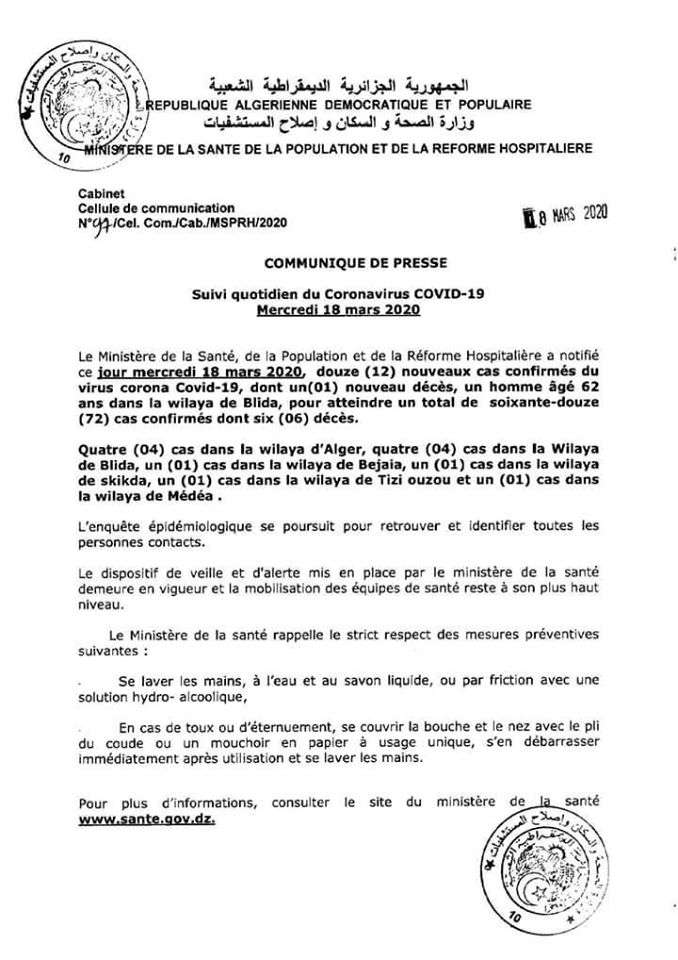 Communiqué de presse : Suivi quotidien du Coronavirus COVID-19